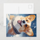 雪の中で遊ぶハッピーコーギー シーズンポストカード (正面/裏面)