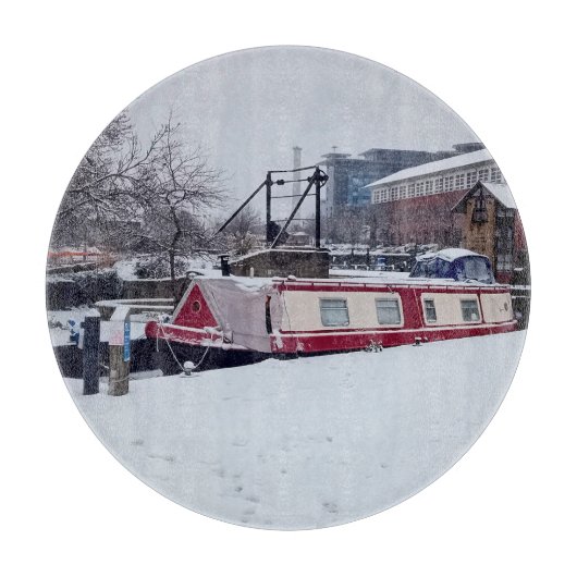 雪の中で運河ボート カッティングボード (正面)