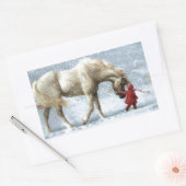 雪の中で馬を引っ張る子供 長方形シール (封筒)