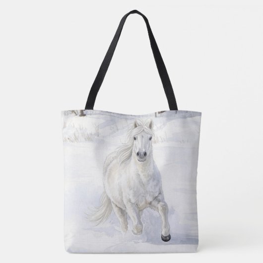雪の中で駆けるアイスランドの馬ディフラ トートバッグ (裏面)