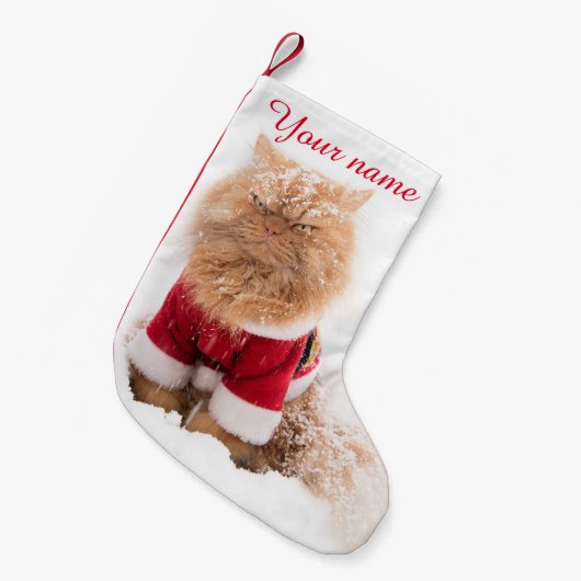 雪の中にクリスマスの服を着たペルシャ猫 スモールクリスマスストッキング (正面 (吊り時))