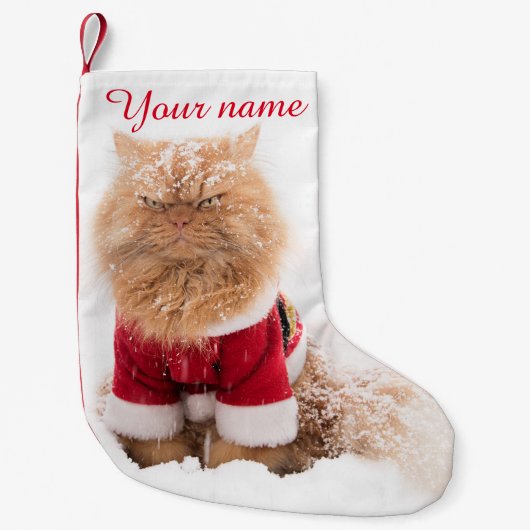 雪の中にクリスマスの服を着たペルシャ猫 スモールクリスマスストッキング (正面)