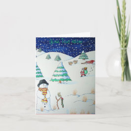 雪の中にクリスマスストッキングと可愛い雪だるま シーズンカード