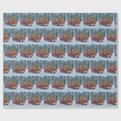 雪の中にクリスマスツリーを持つ赤いレトロトラック ラッピングペーパー (フラット)