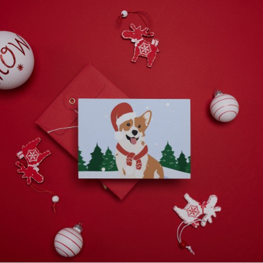 雪の中にサンタ帽をかぶった可愛いコーギと木 シーズンポストカード