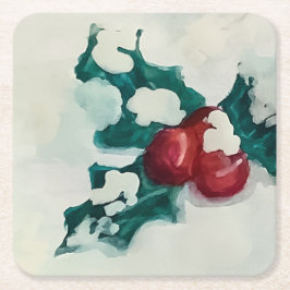 雪の中にホリー スクエアペーパーコースター