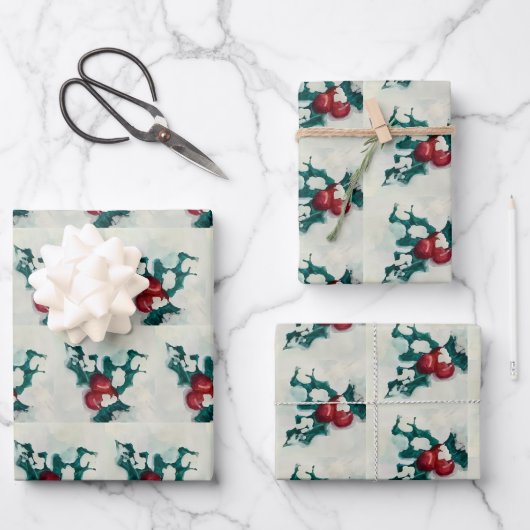 雪の中にホリー ラッピングペーパーシート (正面)