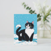 雪の中に佇むタキシード猫ひざ深い絵画|過去記事 ポストカード (スタンド正面)