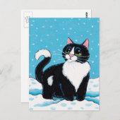 雪の中に佇むタキシード猫ひざ深い絵画|過去記事 ポストカード (正面/裏面)
