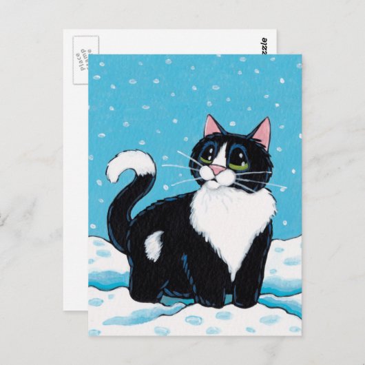 雪の中に佇むタキシード猫ひざ深い絵画|過去記事 ポストカード (正面/裏面)