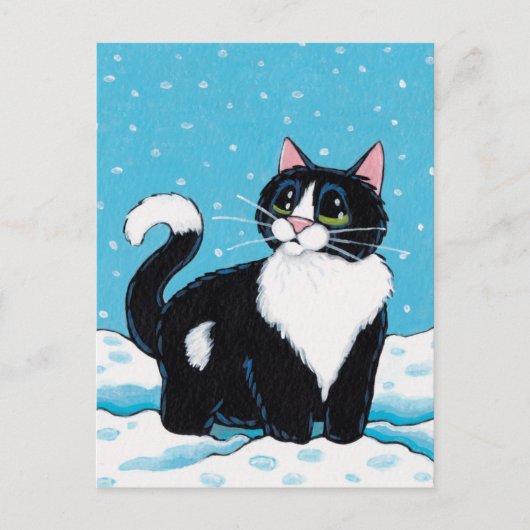 雪の中に佇むタキシード猫ひざ深い絵画|過去記事 ポストカード (正面)