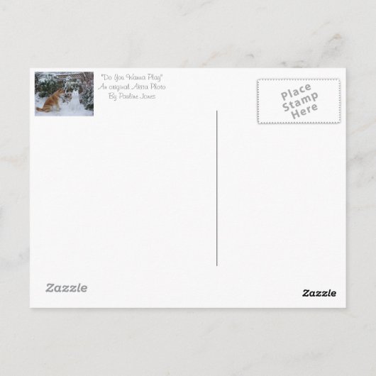 雪の中に座ったかわいい秋田と雪だるま犬の写真 ポストカード (裏面)