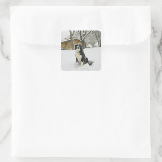 雪の中に座った犬がログキャビンを後ろに置いて スクエアシール (バッグ)