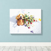 雪の中に木を持つ犬 キャンバスプリント (インサイチュ (ウッドフロア))