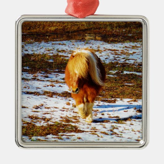 雪の中に茶色とクリームのミニチュアホース。 メタルオーナメント (正面)