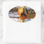 雪の中に茶色とクリームのミニチュアホース。 楕円形シール (バッグ)