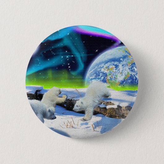 雪の中に遊3極熊の子牛 – Earth Day Art 缶バッジ (正面)