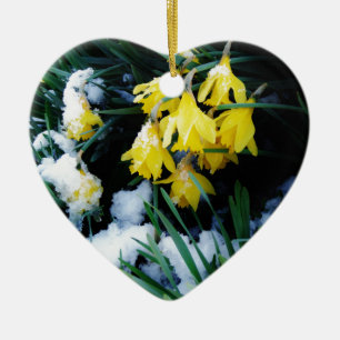 雪の中に黄色の水仙の花 セラミックオーナメント