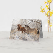 雪の中に2匹の牡馬-野生の馬の挨拶状 カード (黄色い花)