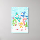 雪の中のかわいいクリスマス雪だるまファミリー キャンバスプリント (正面)