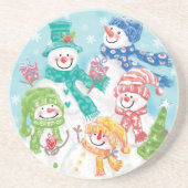 雪の中のかわいいクリスマス雪だるまファミリー コースター (正面)