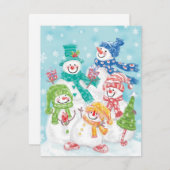 雪の中のかわいいクリスマス雪だるまファミリー シーズンカード (正面/裏面)
