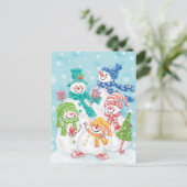 雪の中のかわいいクリスマス雪だるまファミリー シーズンポストカード (スタンド正面)