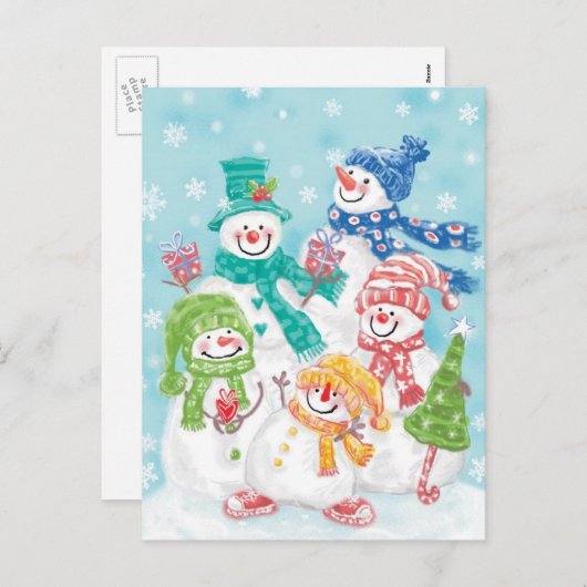 雪の中のかわいいクリスマス雪だるまファミリー シーズンポストカード (正面/裏面)