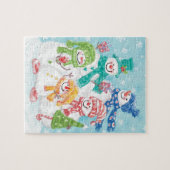 雪の中のかわいいクリスマス雪だるまファミリー ジグソーパズル (横)