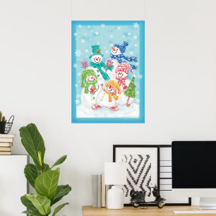 雪の中のかわいいクリスマス雪だるまファミリー ポスター