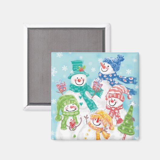 雪の中のかわいいクリスマス雪だるまファミリー マグネット (正面/裏面)