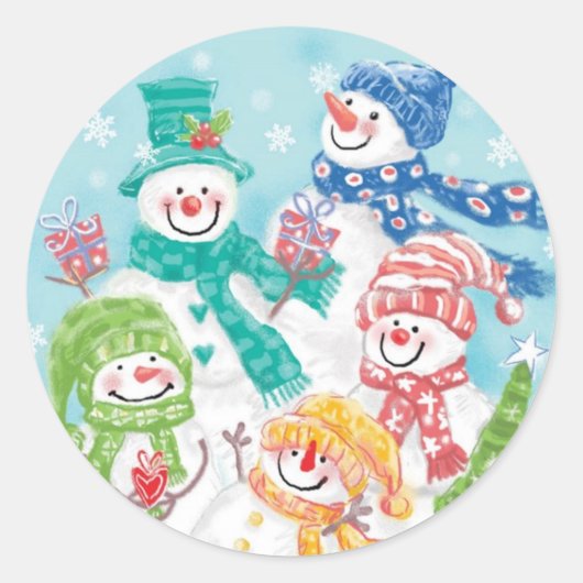 雪の中のかわいいクリスマス雪だるまファミリー ラウンドシール (正面)