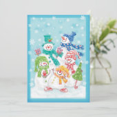雪の中のかわいいクリスマス雪だるまファミリー 招待状 (スタンド正面)