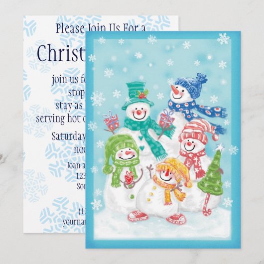 雪の中のかわいいクリスマス雪だるまファミリー 招待状 (正面/裏面)
