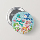 雪の中のかわいいクリスマス雪だるまファミリー 缶バッジ (正面&裏面)
