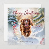雪の中のかわいいサセックススパニエル犬メリークリスマス シーズンカード (正面/裏面)