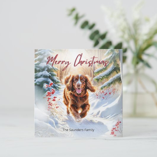 雪の中のかわいいサセックススパニエル犬メリークリスマス シーズンカード (スタンド正面)