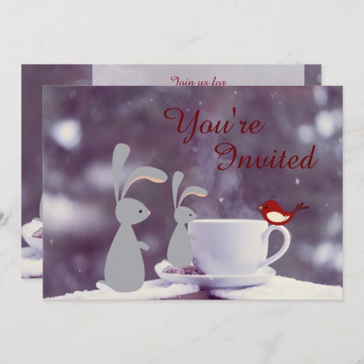 雪の中のかわいいバニーとティーカップ1歳の誕生日 招待状 (正面/裏面)