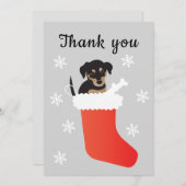 雪の中のかわいい犬ストッキング サンキューカード (正面/裏面)