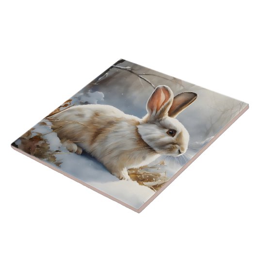 雪の中のかわいい茶色と白いバニーウサギ タイル (側面)