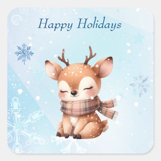 雪の中のかわいい鹿 スクエアシール (正面)