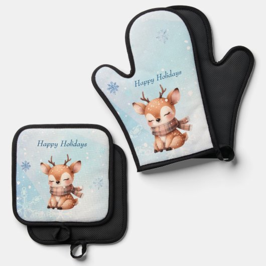 雪の中のかわいい鹿 鍋つかみ&鍋敷きセット (正面/裏面)