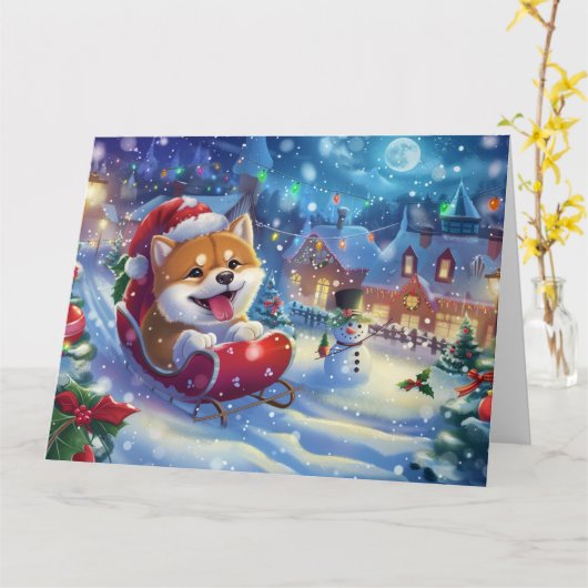 雪の中のそり アキタ クリスマス カード (黄色い花)