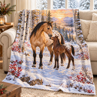雪の中のアプリコット柄の牝馬と仔馬 フリースブランケット