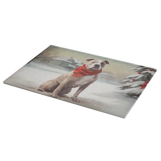 雪の中のアメリカの(犬)スタッフォード犬 カッティングボード (角)