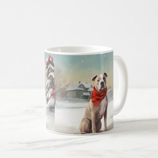 雪の中のアメリカの(犬)スタッフォード犬 コーヒーマグカップ (正面右)