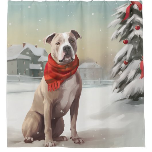 雪の中のアメリカの（犬）スタッフォード犬 シャワーカーテン (正面)