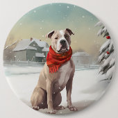 雪の中のアメリカの（犬）スタッフォード犬 缶バッジ (正面)