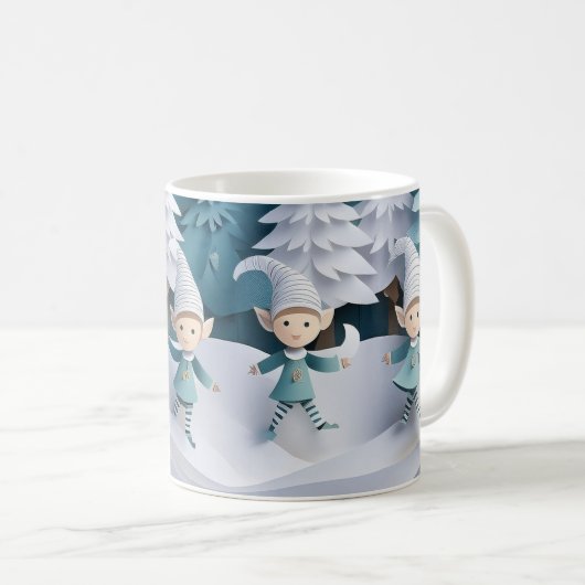 雪の中のエルフの切り抜き クリスマス コーヒーマグカップ (正面右)