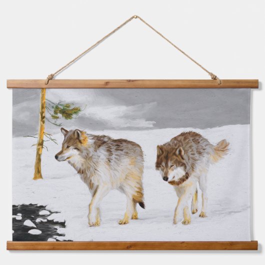 雪の中のオオカミの絵 - オリジナル野生動物アート 吊り下げ型タペストリー (正面)